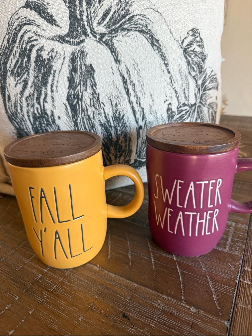 Rae Dunn “Fall Y'All" and  "Sweater Weather" Ceramic Mug Set with Wooden Lids